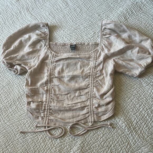 Wild Fable Crop Top Blouse Beige Cinched Short Puff Sleeve Size M NWT - Picture 2 of 9